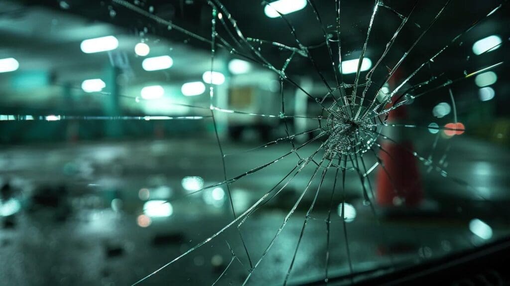 a close-up view of a cracked auto windshield inside a modern garage, illuminated by bright overhead lights, emphasizing the urgent need for repair with visible warning signs and caution tape in the background.