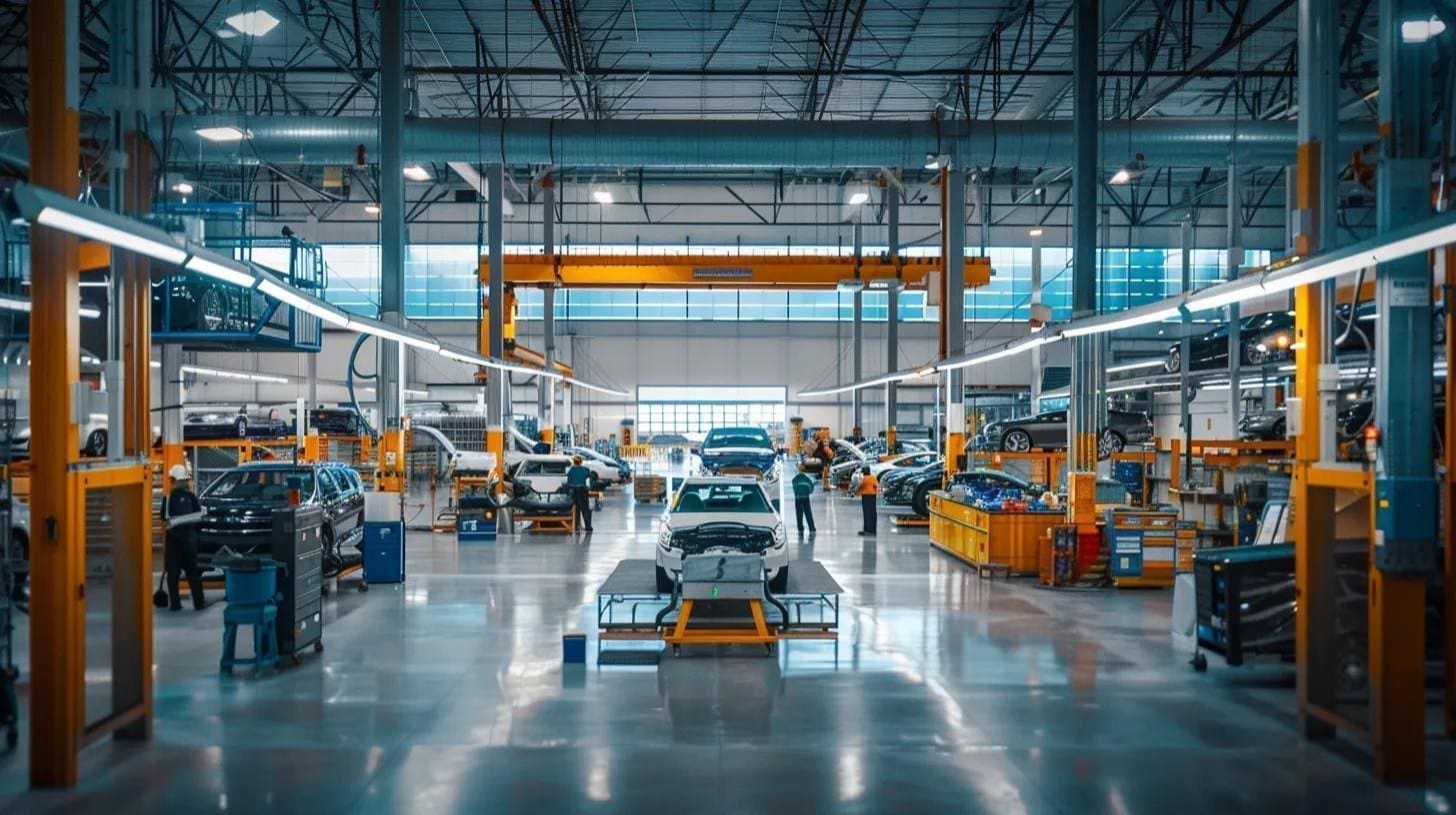 a bustling auto glass service centre, filled with advanced diagnostic equipment and skilled technicians meticulously assessing and replacing windshields in a brightly lit, professional environment.