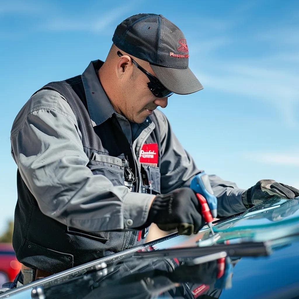 Cost of Windshield Repair Procedures: A glass repair expert repairs a windshield.