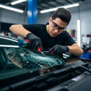 ### Main Subject
- A young man working on a car windshield.
### Objects
- Tools: Pliers used for repair.
- Car: A vehicle with a damaged windshield.
### Notable Features
- Windshield with a prominent crack pattern.
- Workshop environment with tools and equipment in the background.
- The individual is wearing protective eyewear and gloves.
### Mood/Theme
- Focused and industrious atmosphere, highlighting the theme of car repair and maintenance. The scene conveys a sense of diligence and attention to detail in the repair process.