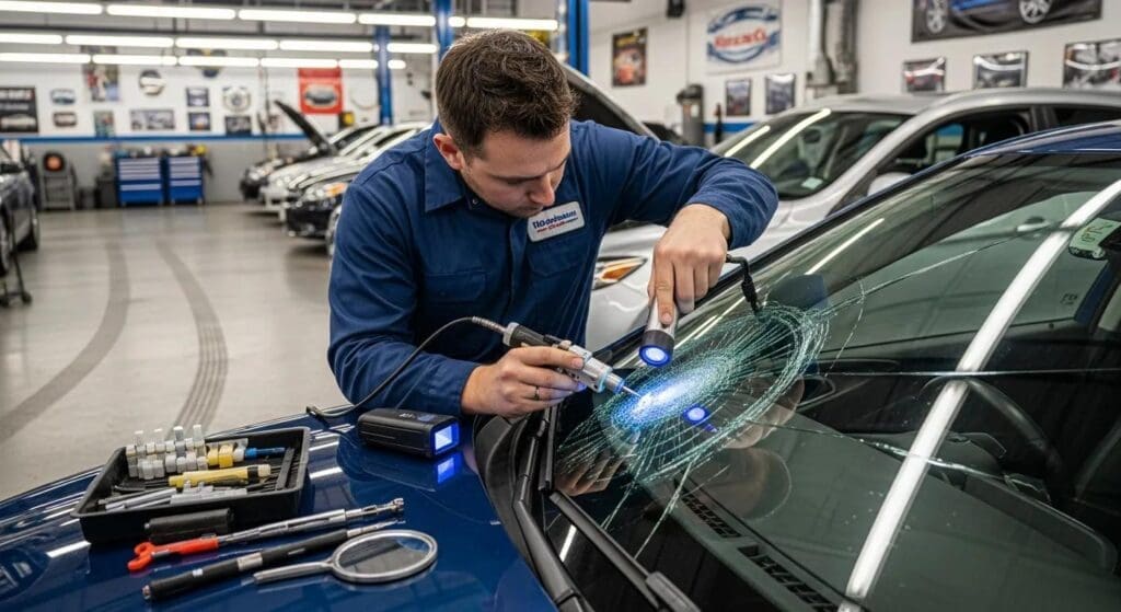 Auto glass technician repairing a windshield in a professional garage setting