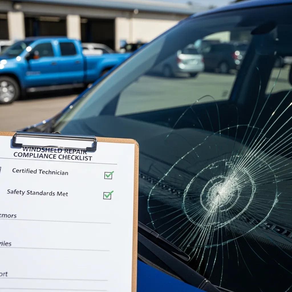 Close-up of a cracked windshield with a compliance checklist emphasizing safety standards