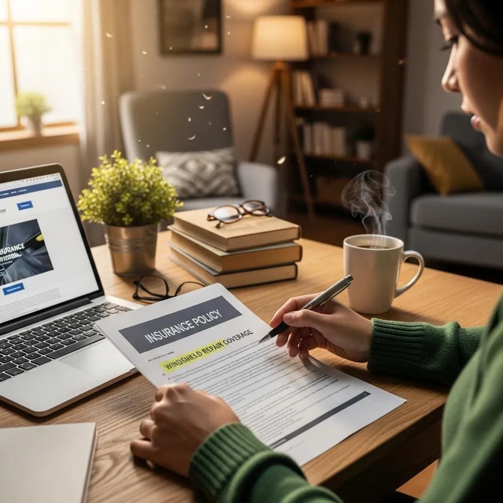 Person reviewing an insurance policy document related to windshield repair coverage in a home office