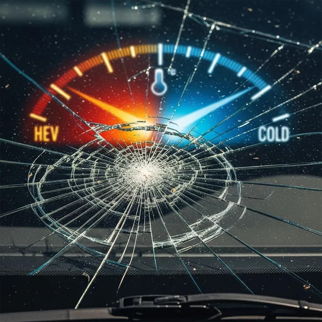 Close-up of a windshield showing thermal stress cracks with a temperature gauge in the background
