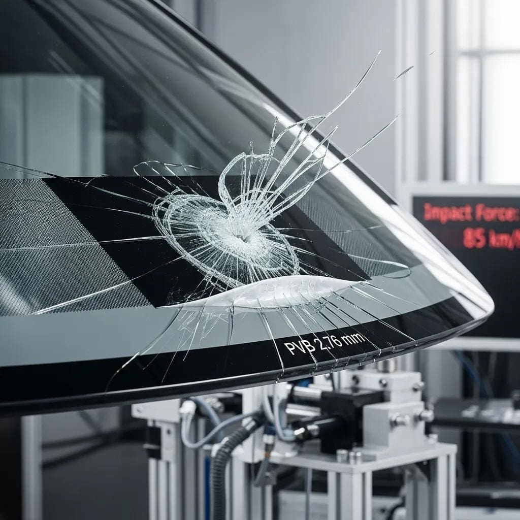 Close-up of laminated windshield layers demonstrating safety features during impact test